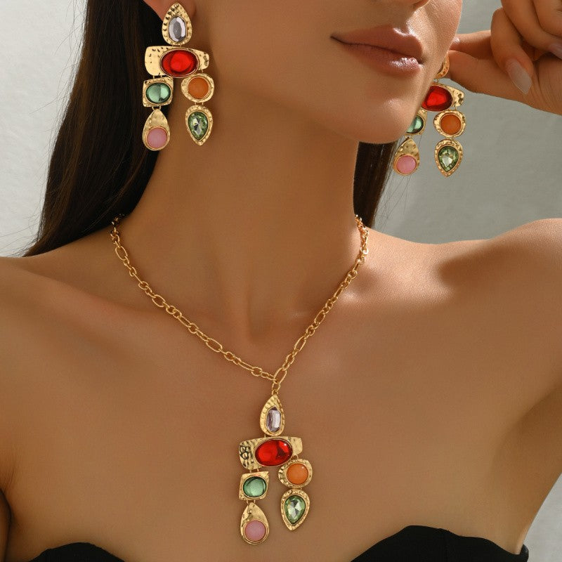 Vintage Multicolor Gemstone Necklace & Earring Set