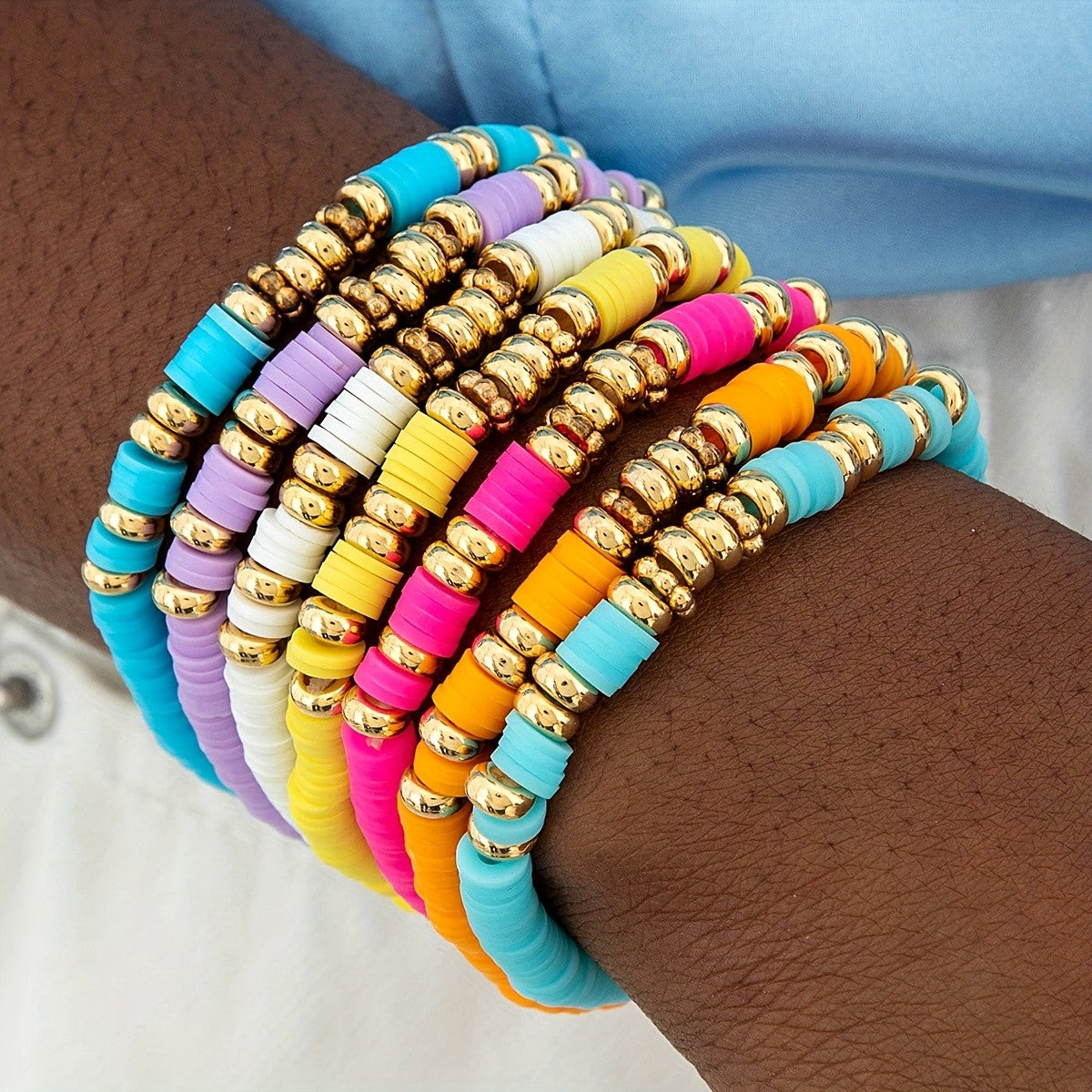 7pc Boho Colorful Clay Bead Bracelet Set