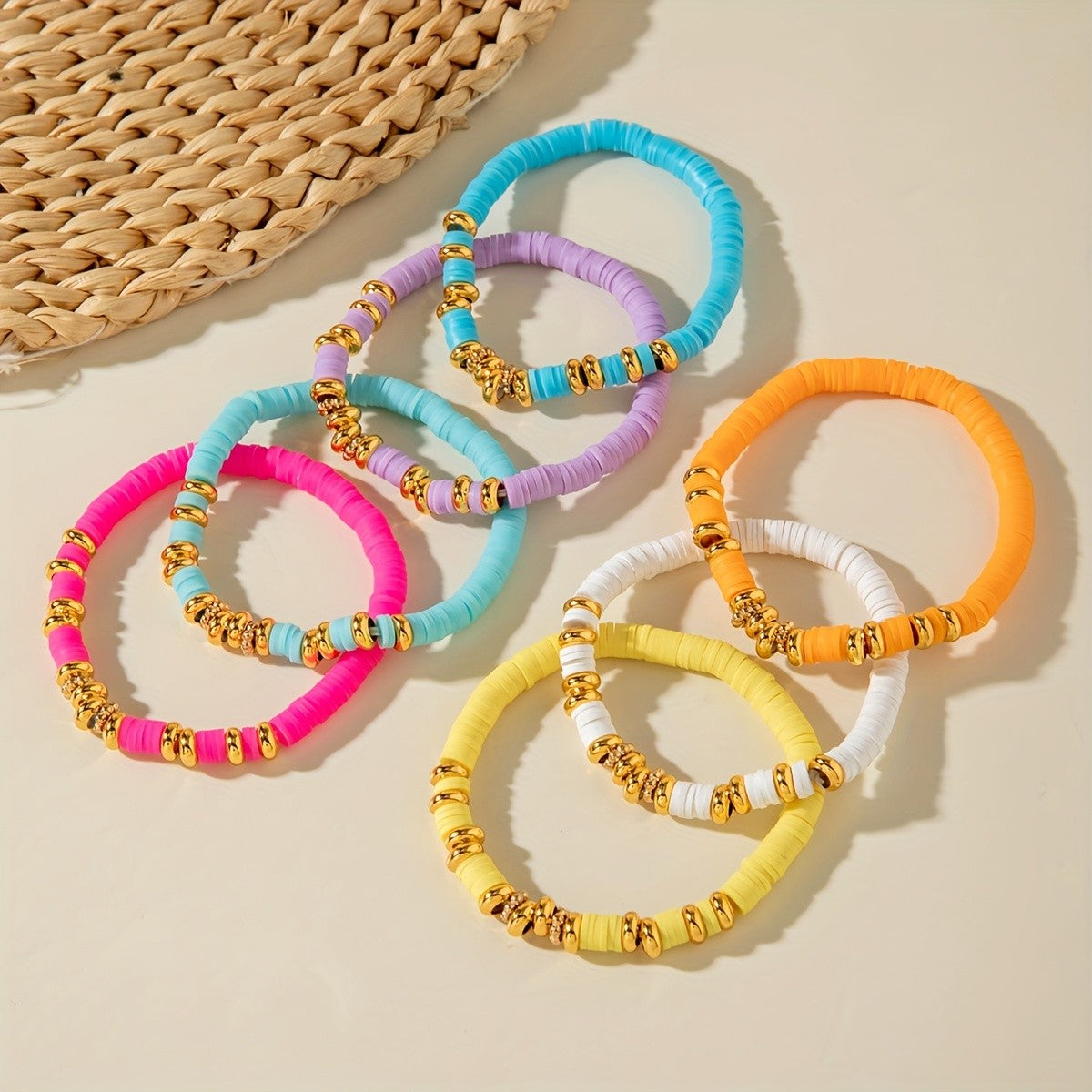 7pc Boho Colorful Clay Bead Bracelet Set