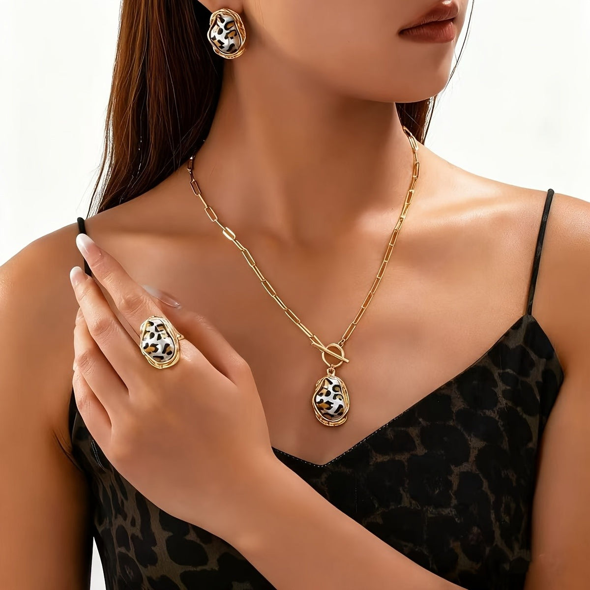 Elegant Leopard Print Necklace, Ring & Earring Set