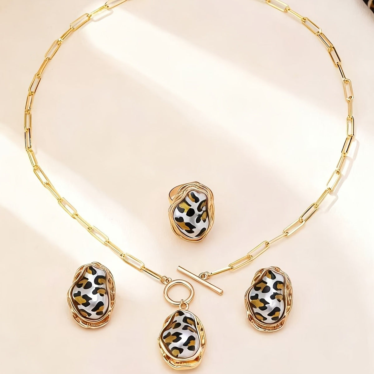 Elegant Leopard Print Necklace, Ring & Earring Set