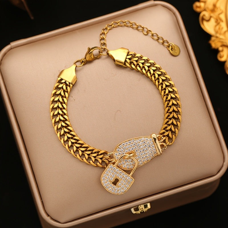18k Classy Rhinestone Lock Charm Bracelet