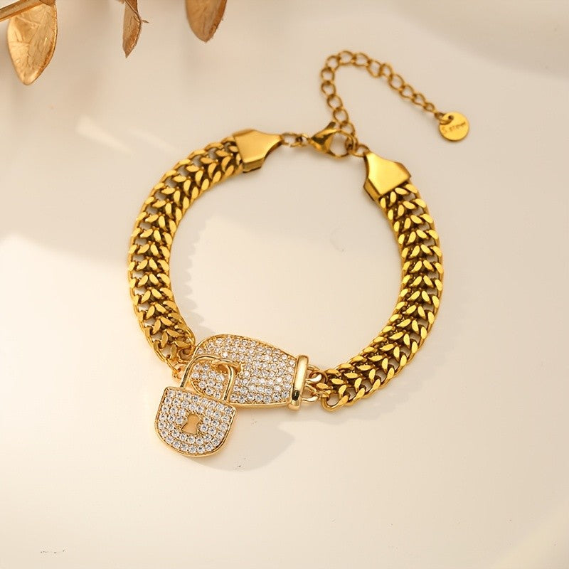 18k Classy Rhinestone Lock Charm Bracelet