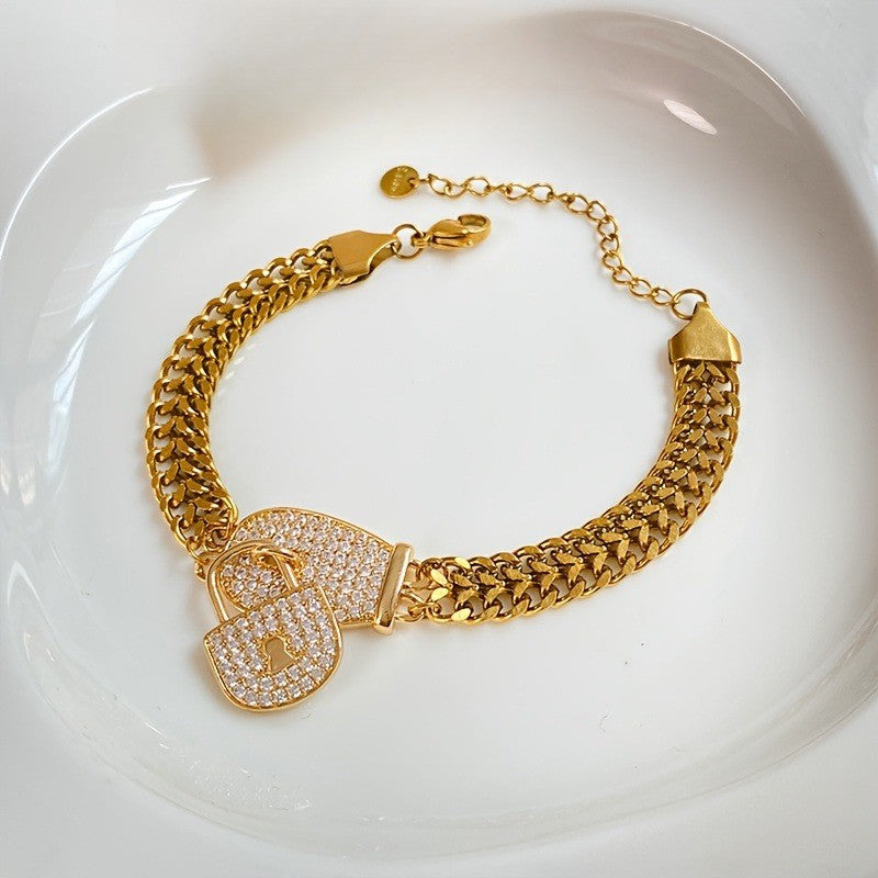 18k Classy Rhinestone Lock Charm Bracelet