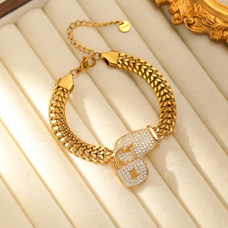 18k Classy Rhinestone Lock Charm Bracelet