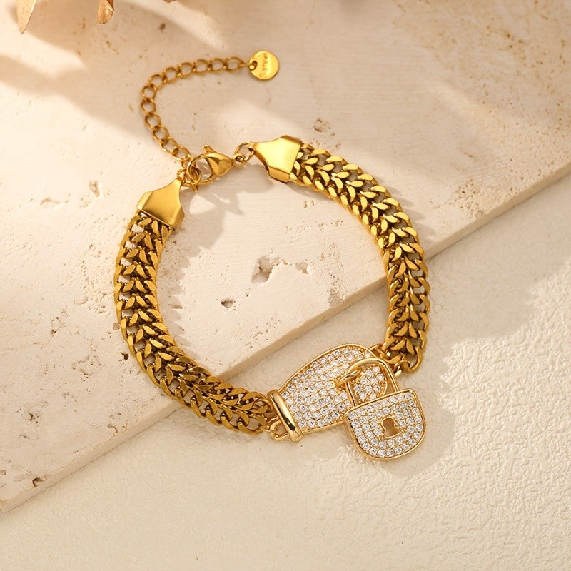 18k Classy Rhinestone Lock Charm Bracelet