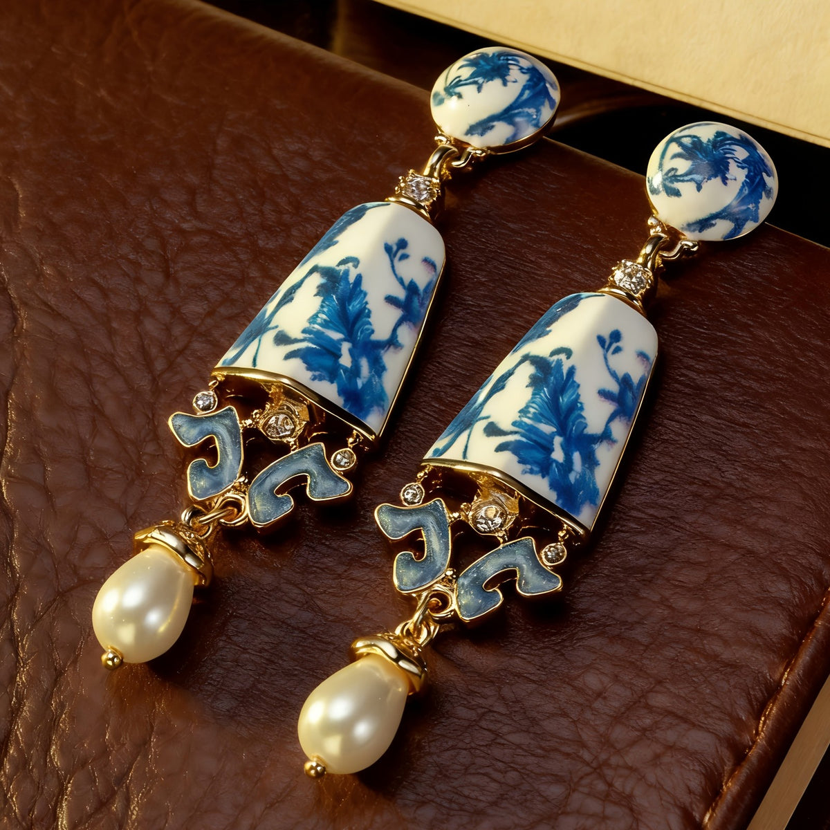 Elegant Blue Porcelain Faux Pearl Drop Earrings