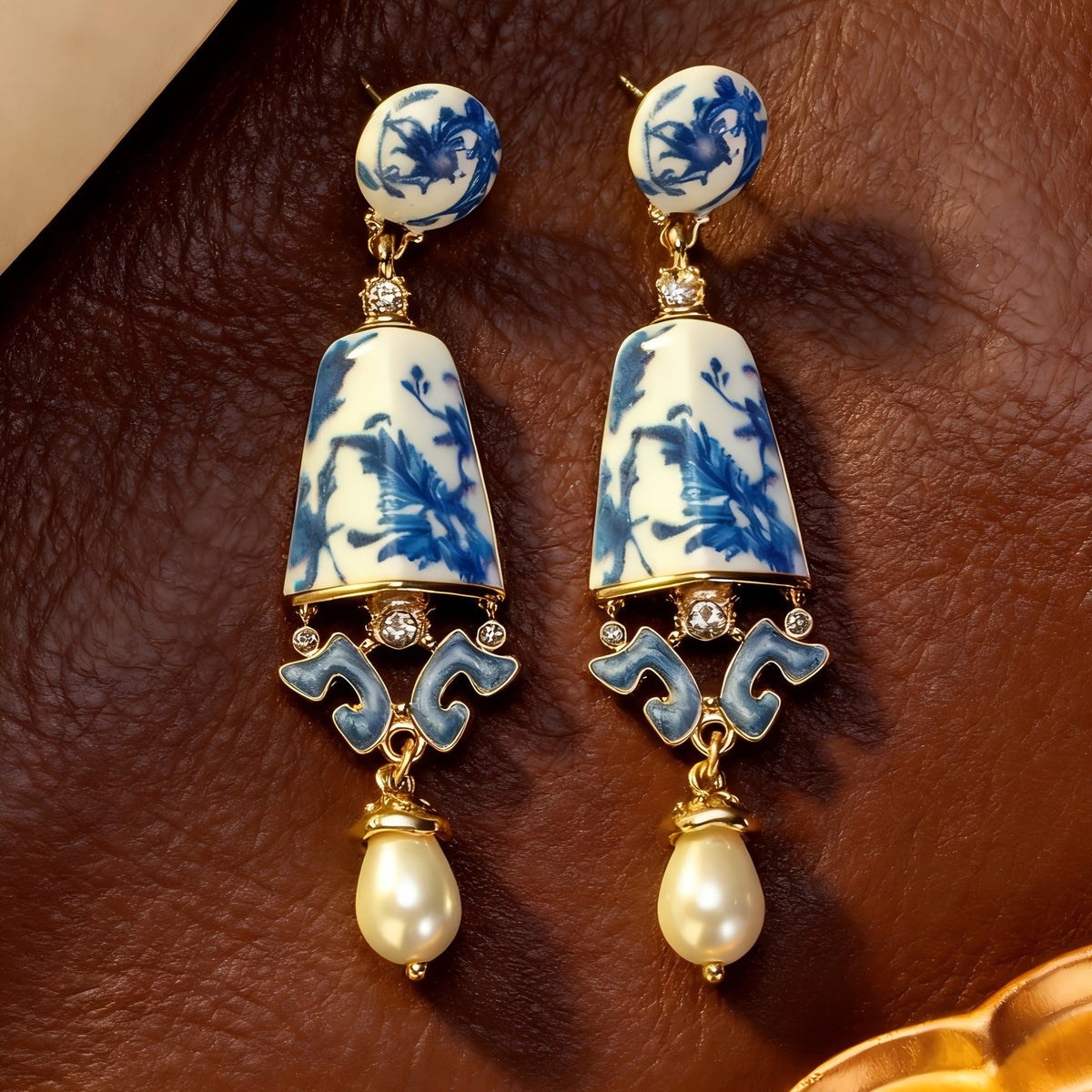 Elegant Blue Porcelain Faux Pearl Drop Earrings