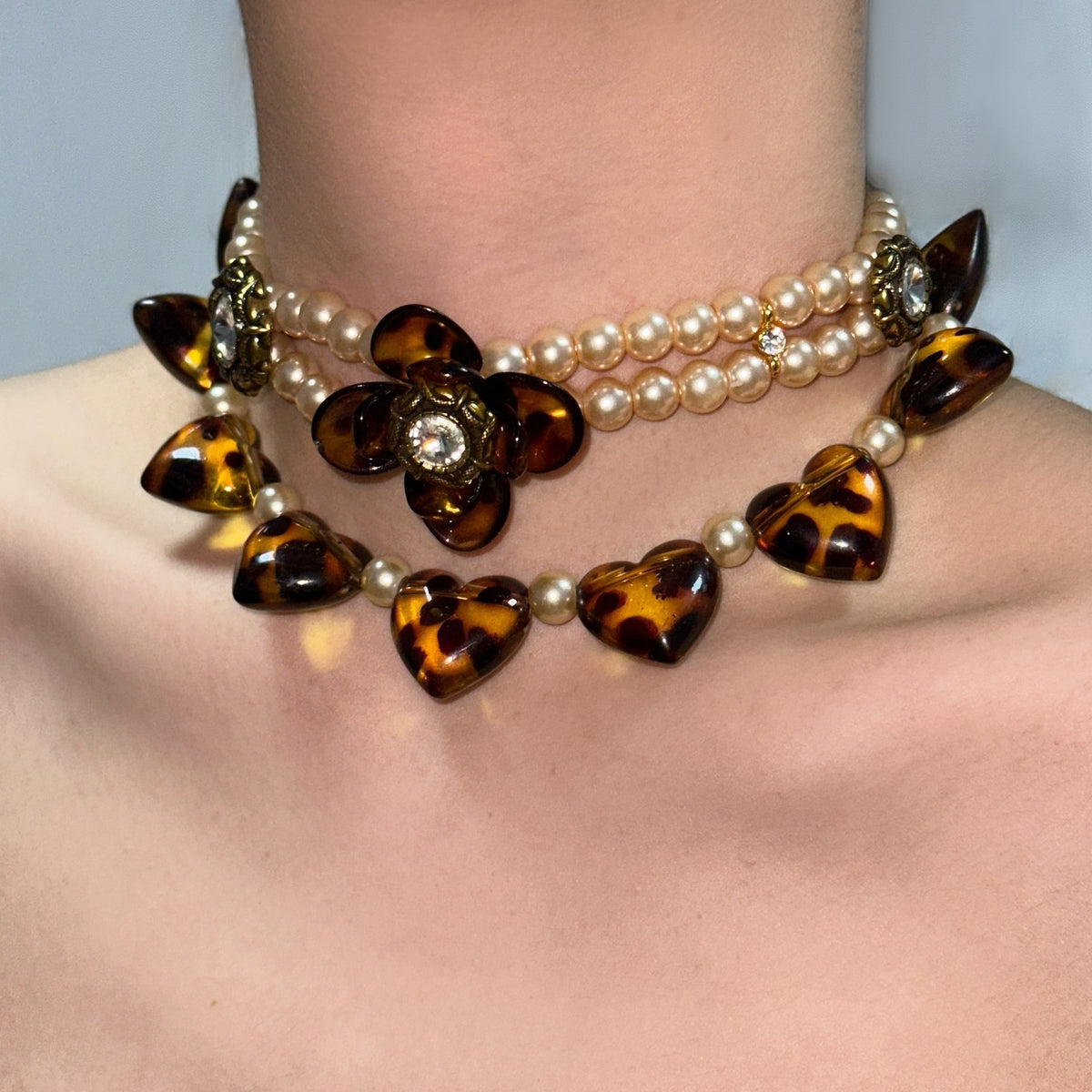 Vintage Tortoise Shell Heart Pearl Necklace