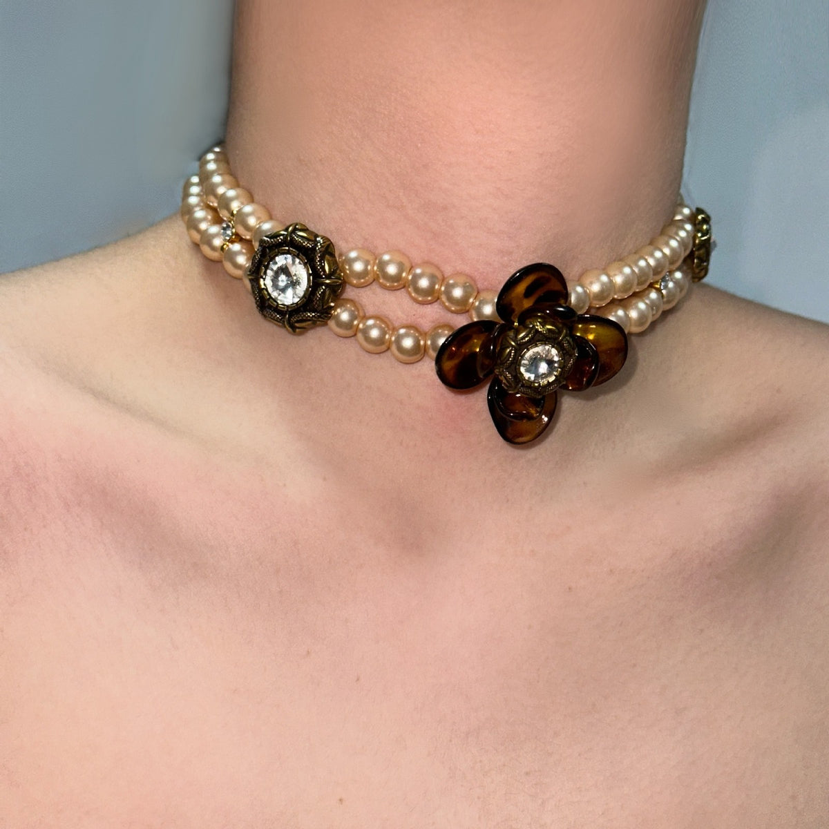 Vintage Tortoise Shell Heart Pearl Necklace