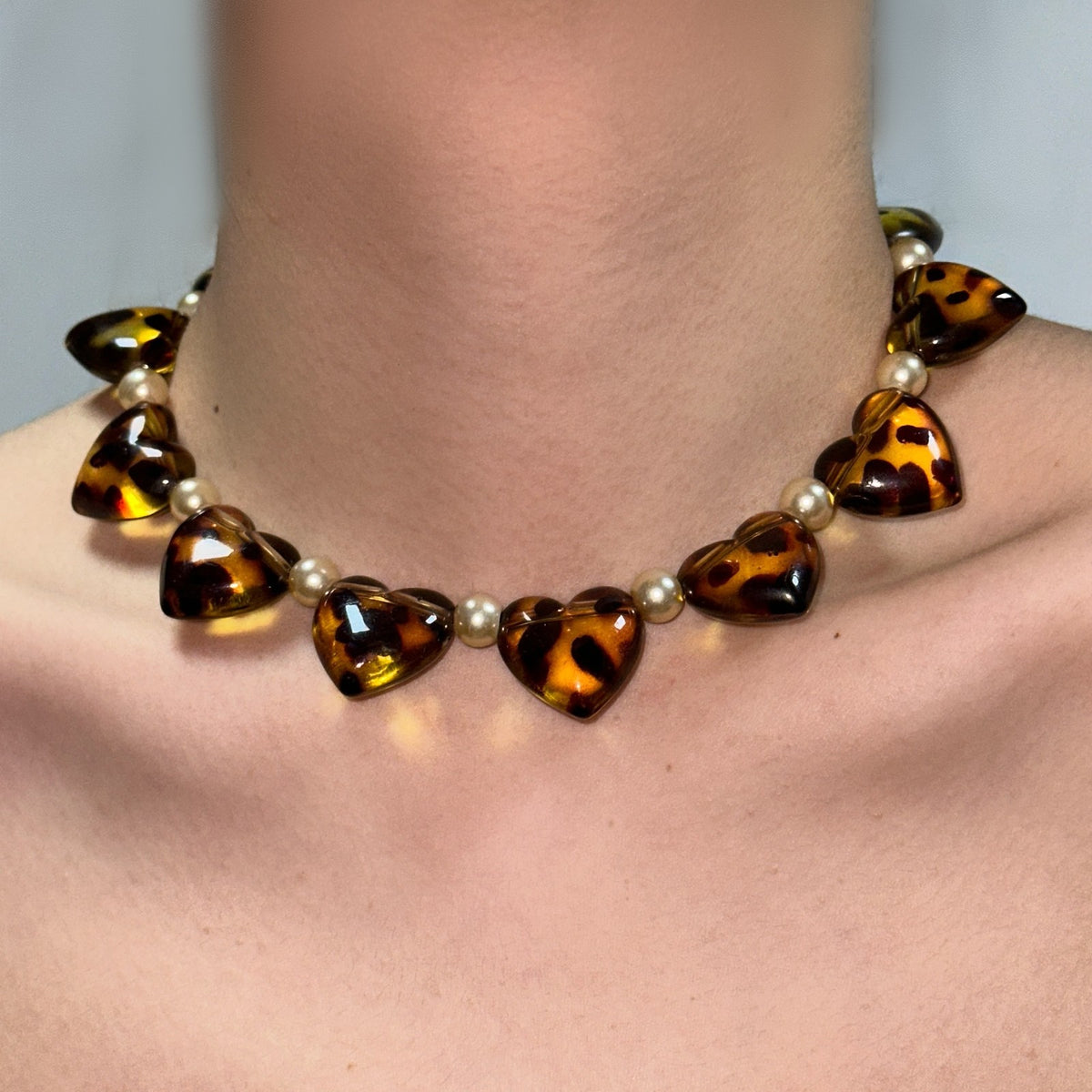 Vintage Tortoise Shell Heart Pearl Necklace