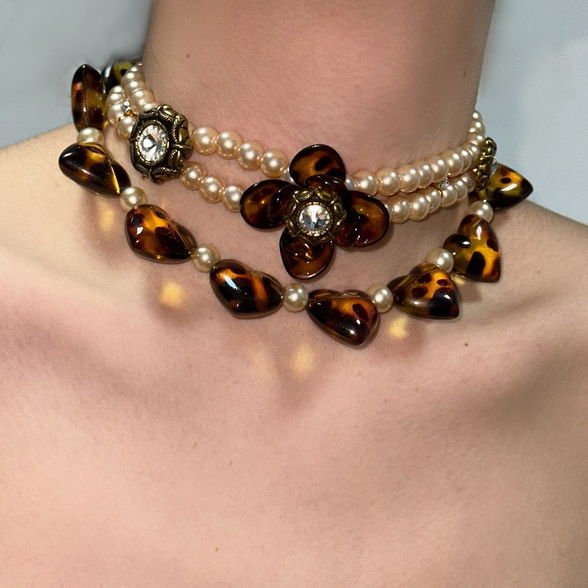 Vintage Tortoise Shell Heart Pearl Necklace