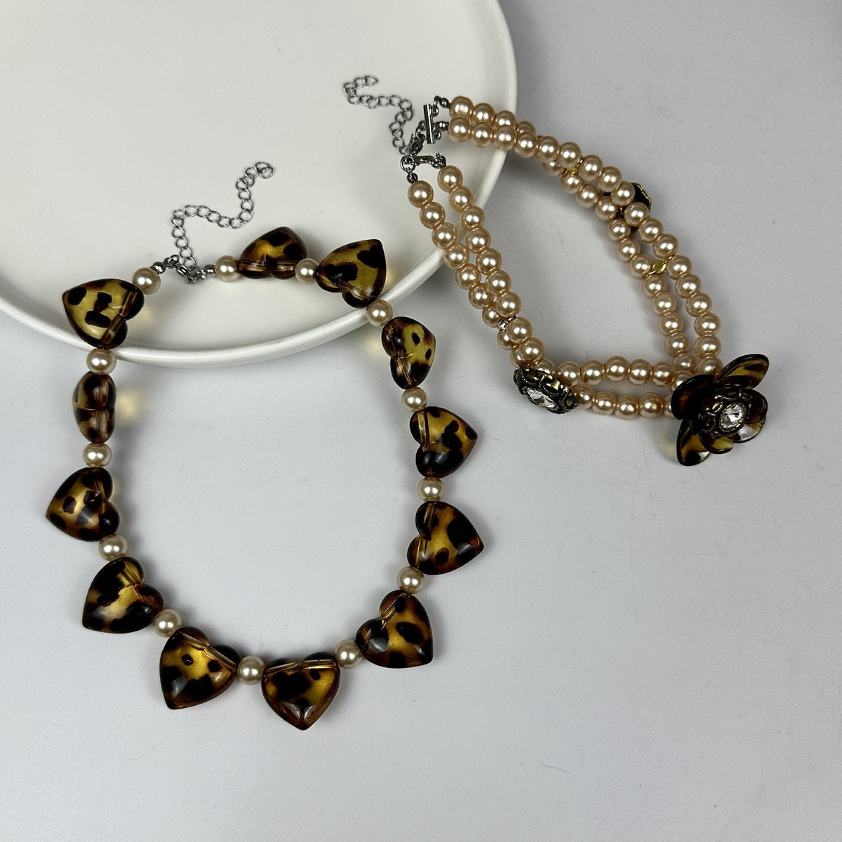 Vintage Tortoise Shell Heart Pearl Necklace