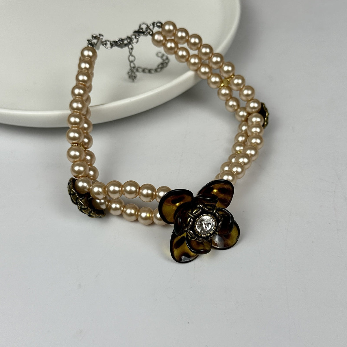 Vintage Tortoise Shell Heart Pearl Necklace