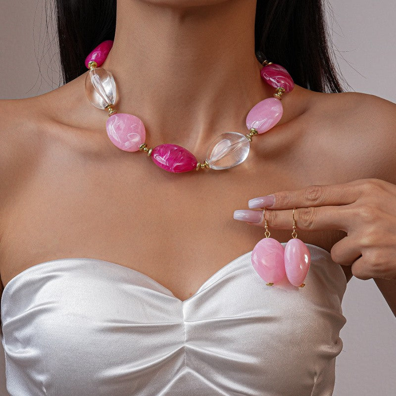 Romantic Pink Acrylic Oval Bead Necklace