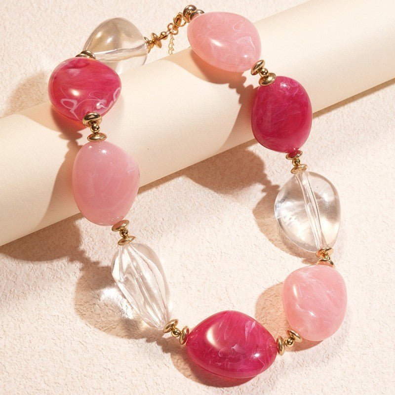 Romantic Pink Acrylic Oval Bead Necklace