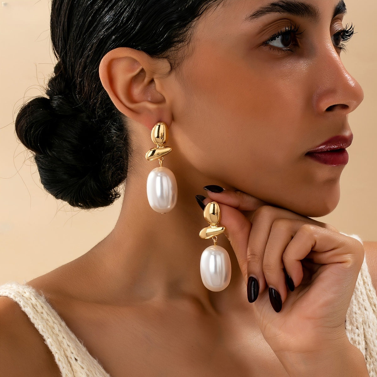 14k Elegant Geometric Faux Pearl Drop Earrings