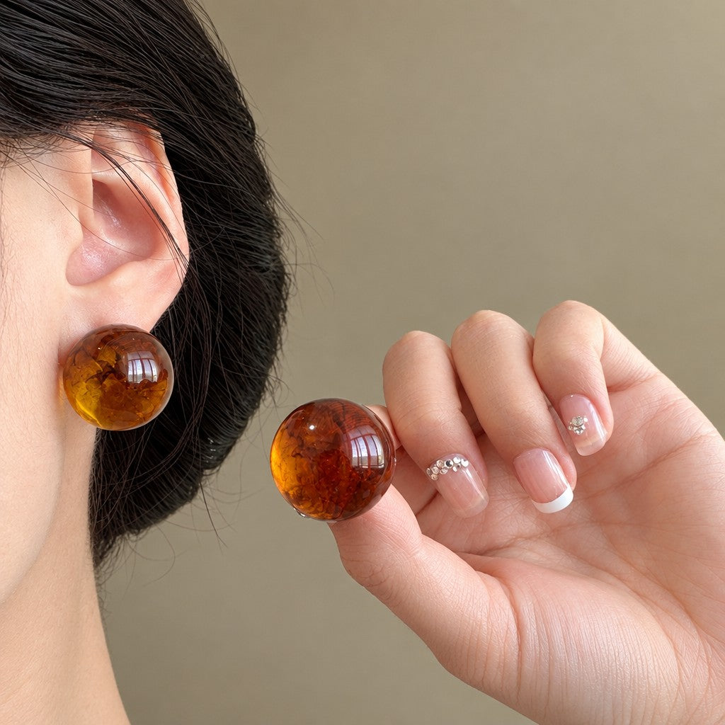 Vintage Amber Round Stud Earrings