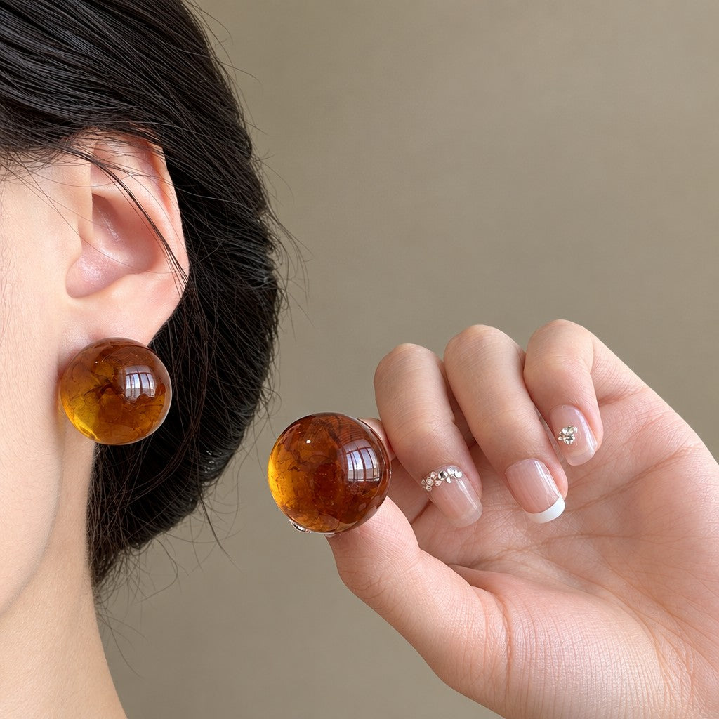 Vintage Amber Round Stud Earrings