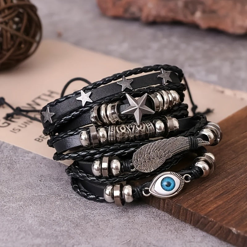 5pc Vintage Boho Wing & Evil Eye Bracelet Set