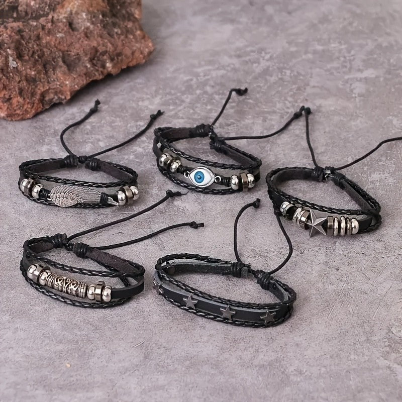 5pc Vintage Boho Wing & Evil Eye Bracelet Set