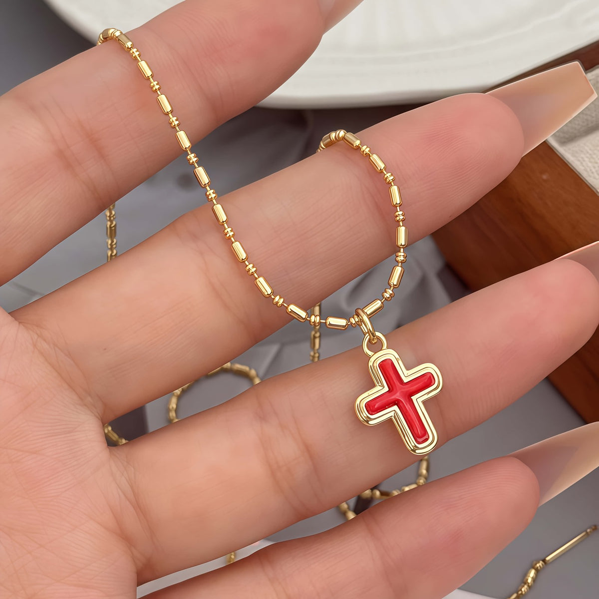 18k Dainty Enamel Cross Necklace