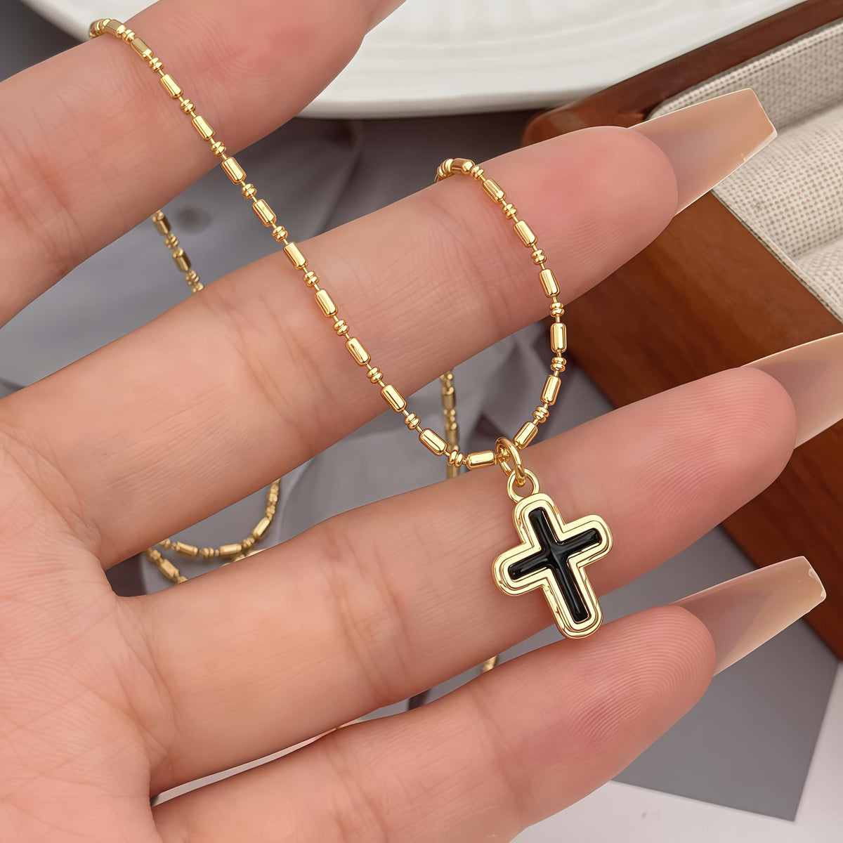 18k Dainty Enamel Cross Necklace