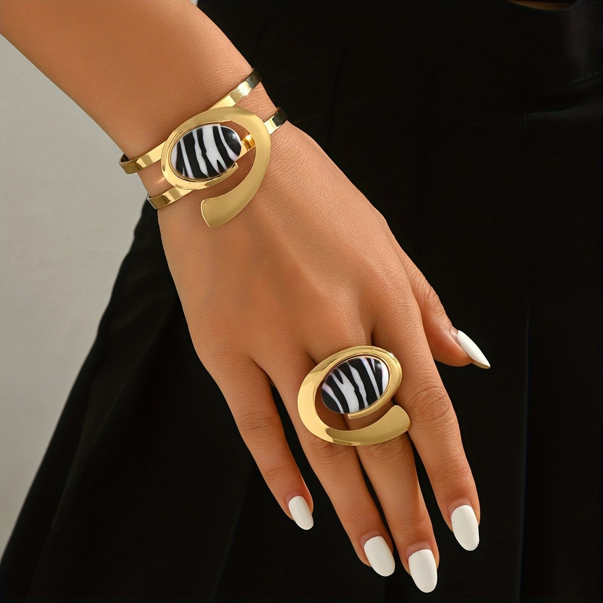 Vintage Zebra Print Open Cuff Ring and Bracelet Set