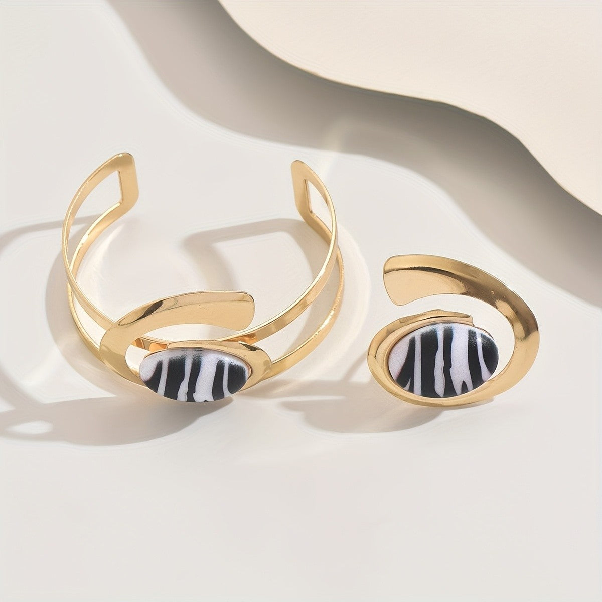 Vintage Zebra Print Open Cuff Ring and Bracelet Set