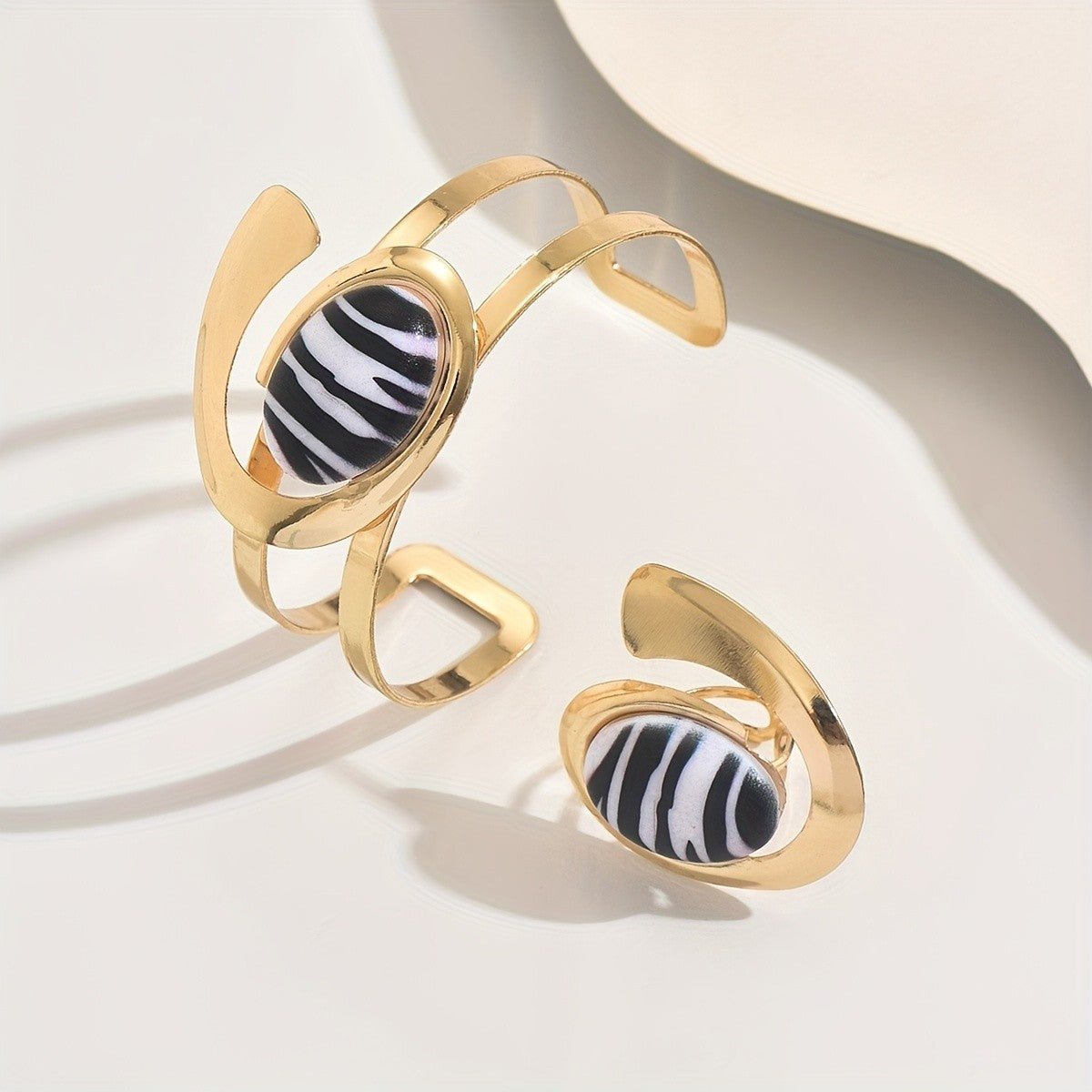 Vintage Zebra Print Open Cuff Ring and Bracelet Set