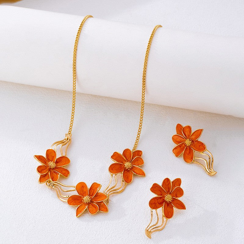 Elegant Orange Floral Necklace & Earring Set