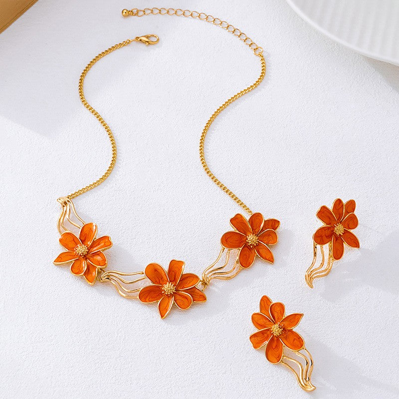 Elegant Orange Floral Necklace & Earring Set