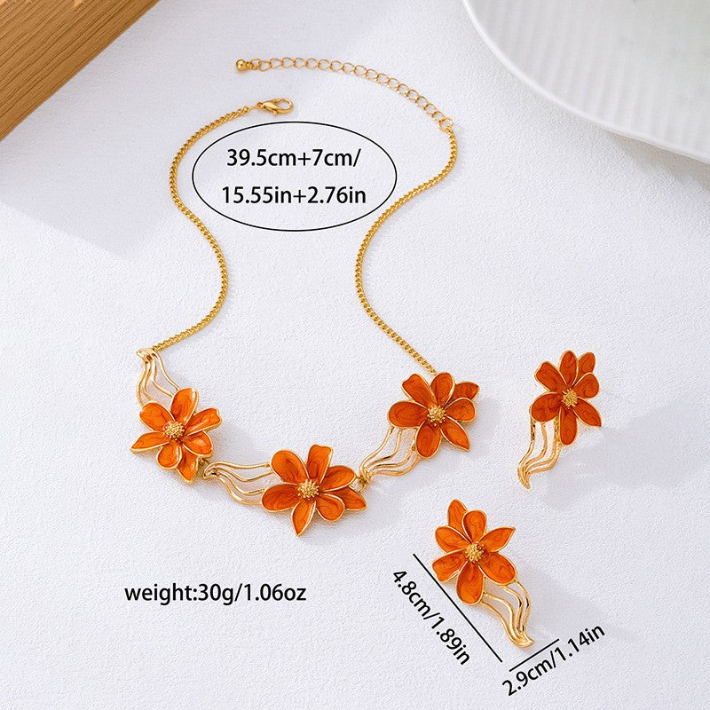 Elegant Orange Floral Necklace & Earring Set