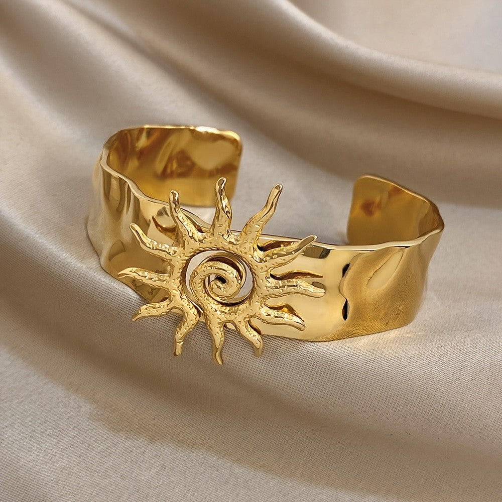 18k Boho Sun Spiral Wide Cuff Bracelet