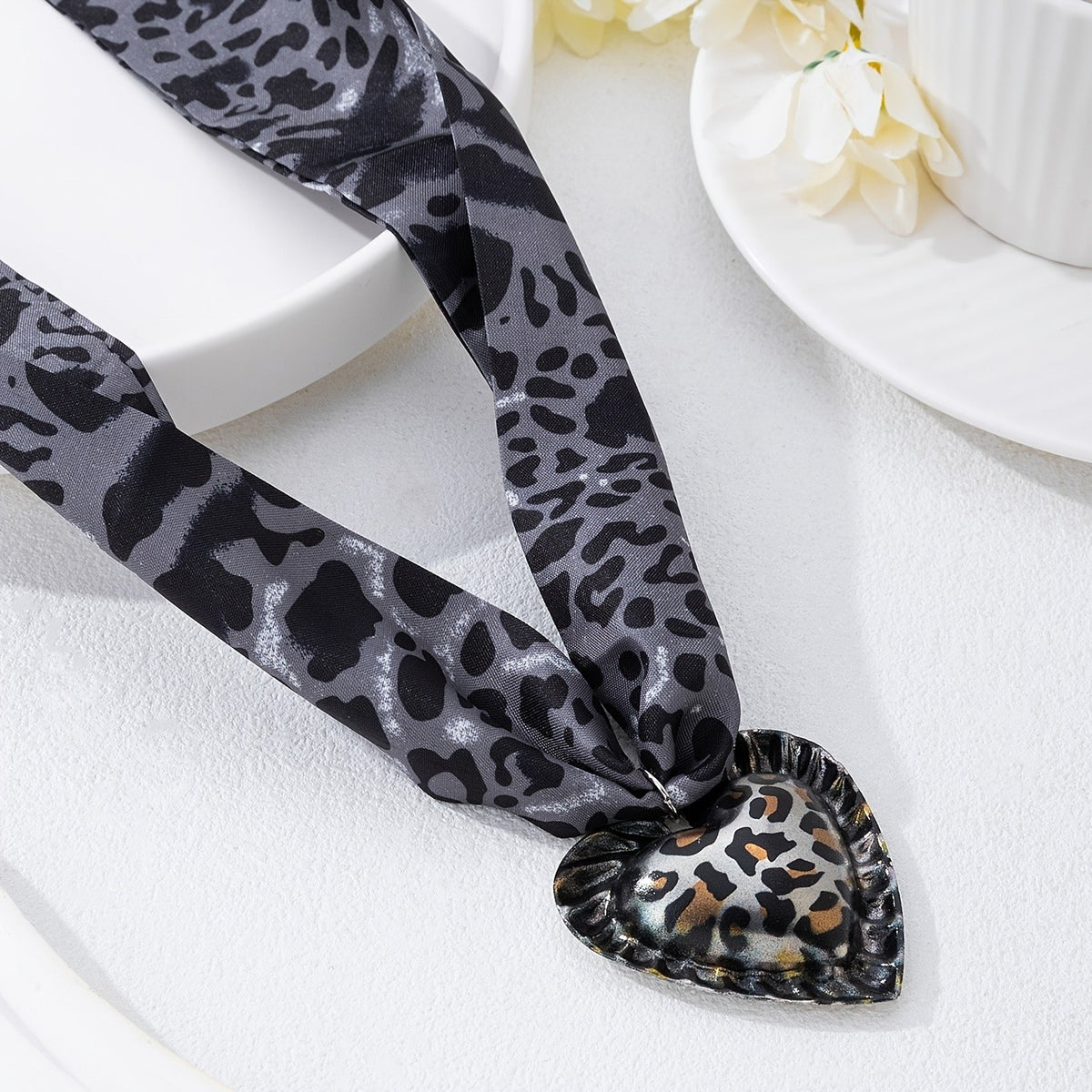 Boho Leopard Print Ribbon Heart Necklace