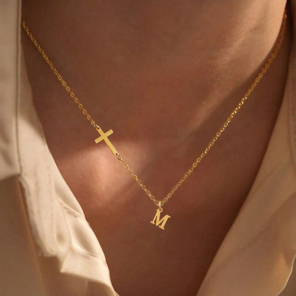 18k Dainty Cross & Initial Letter Necklace
