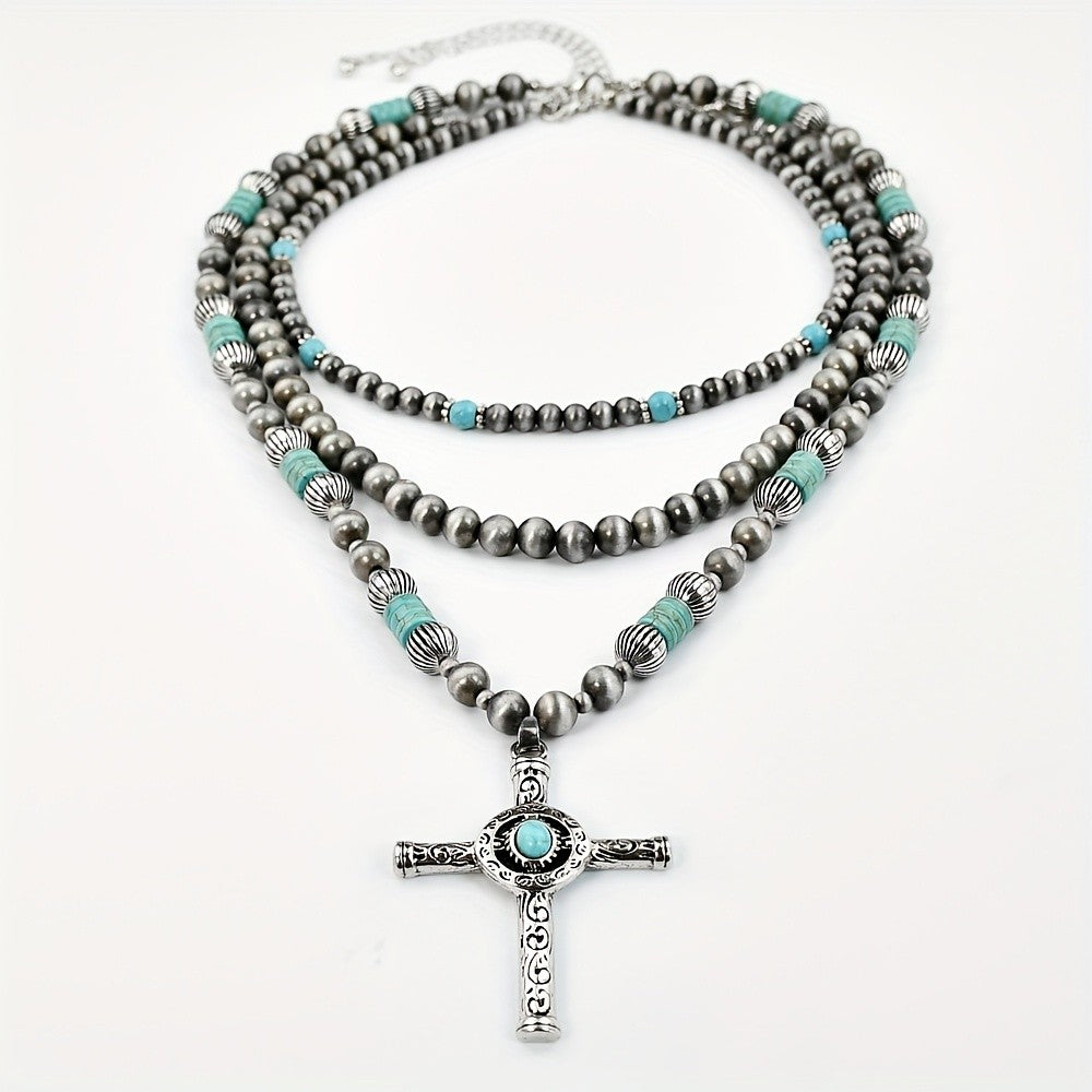 Boho Layered Turquoise Bead Cross Necklace