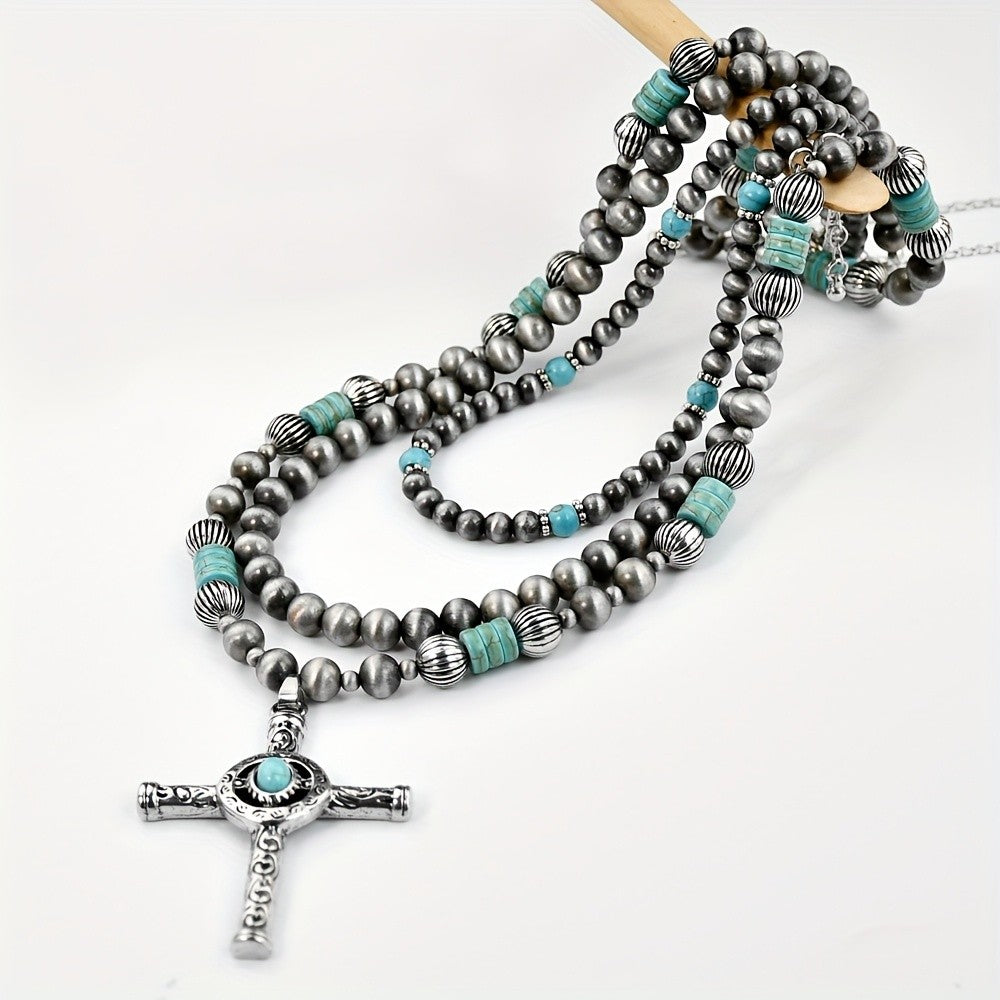 Boho Layered Turquoise Bead Cross Necklace