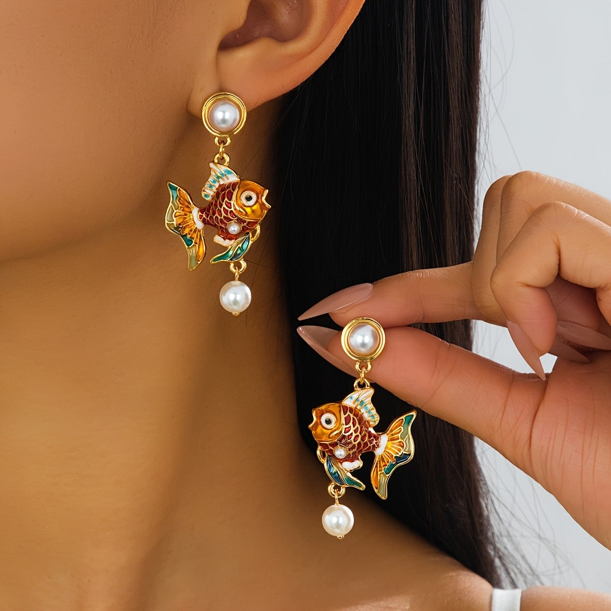 Classy Enamel Goldfish Pearl Earrings