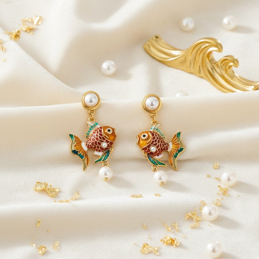 Classy Enamel Goldfish Pearl Earrings