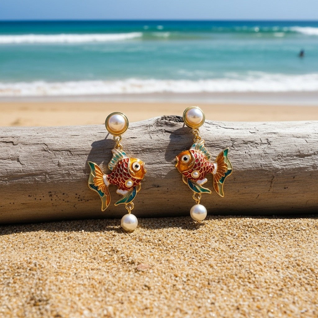 Classy Enamel Goldfish Pearl Earrings