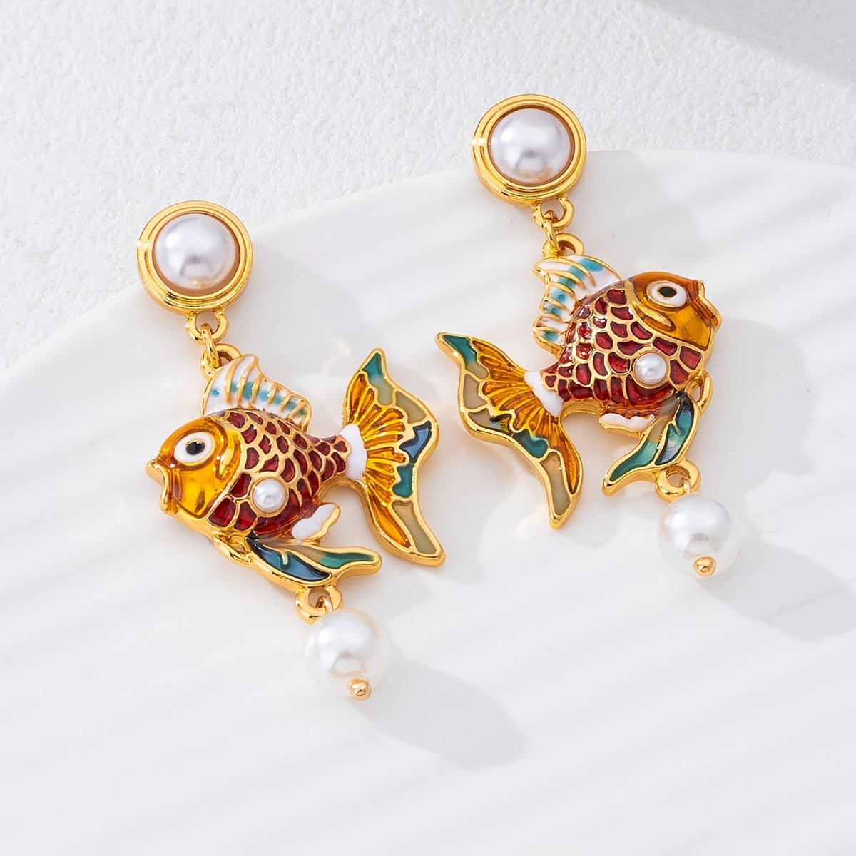 Classy Enamel Goldfish Pearl Earrings