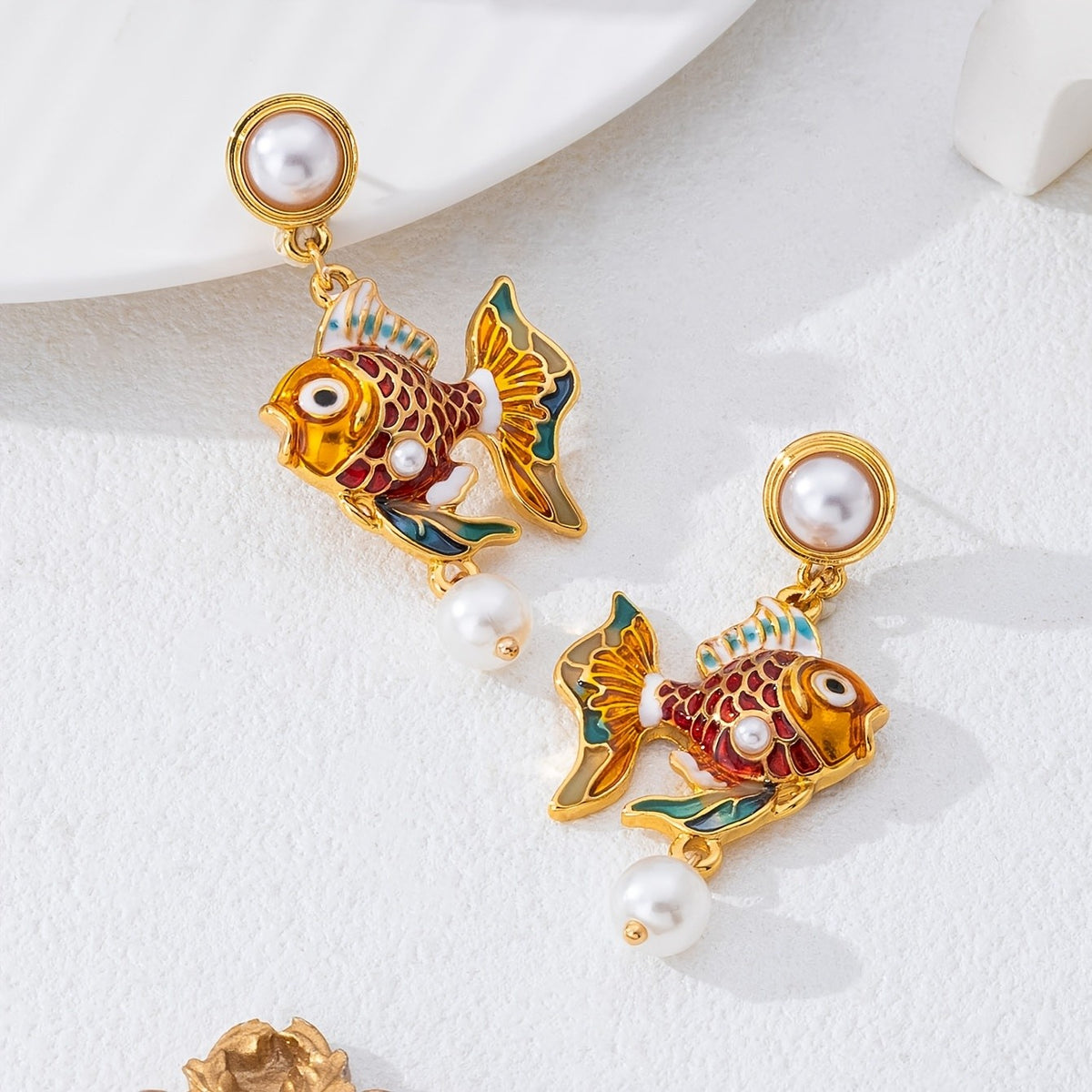 Classy Enamel Goldfish Pearl Earrings