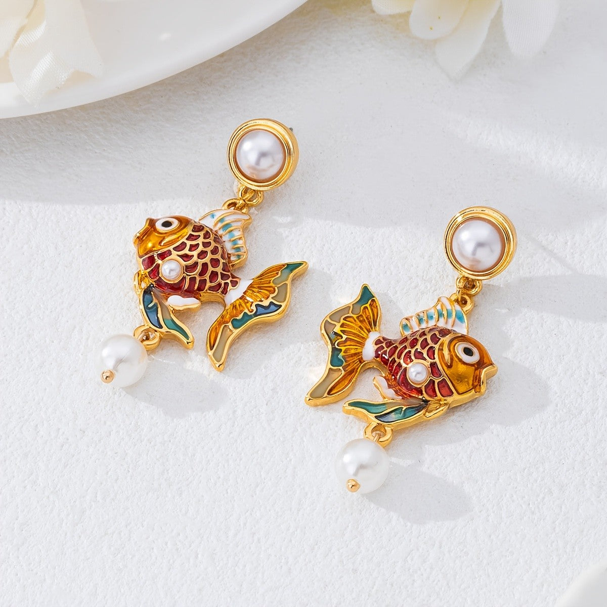 Classy Enamel Goldfish Pearl Earrings