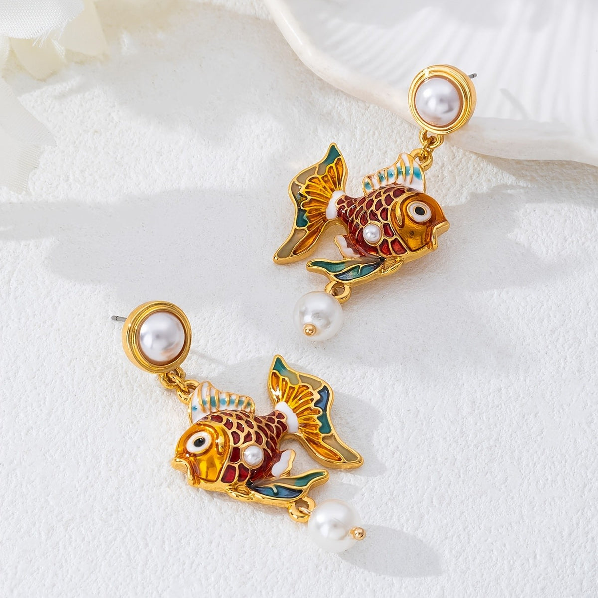 Classy Enamel Goldfish Pearl Earrings