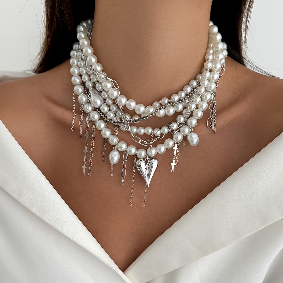 Elegant Layered Faux Pearl Heart Cross Necklace