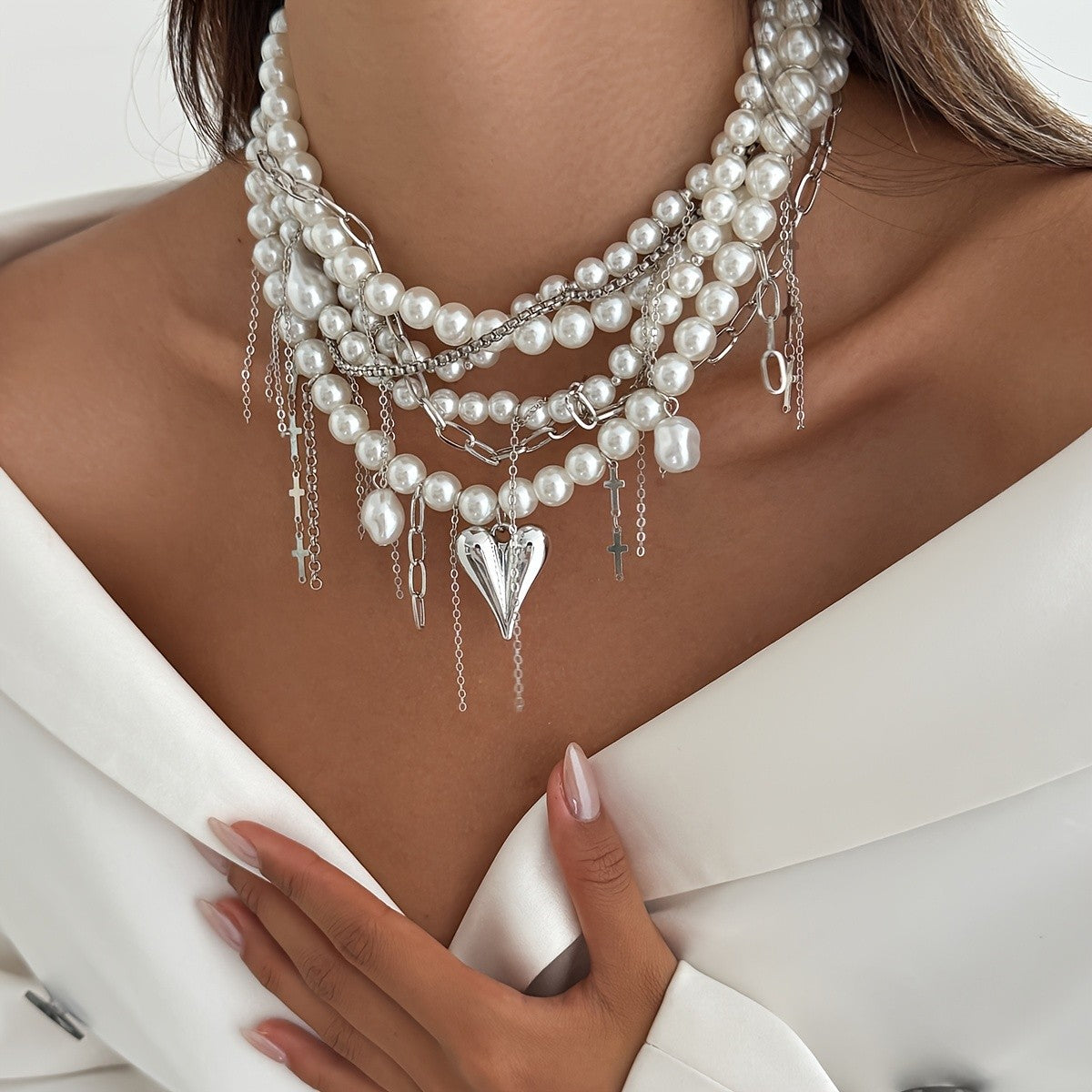 Elegant Layered Faux Pearl Heart Cross Necklace