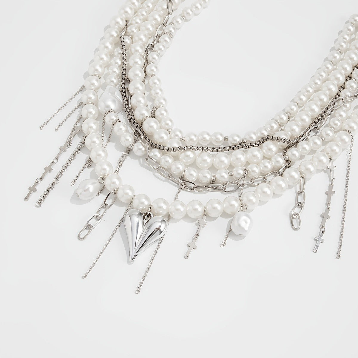 Elegant Layered Faux Pearl Heart Cross Necklace