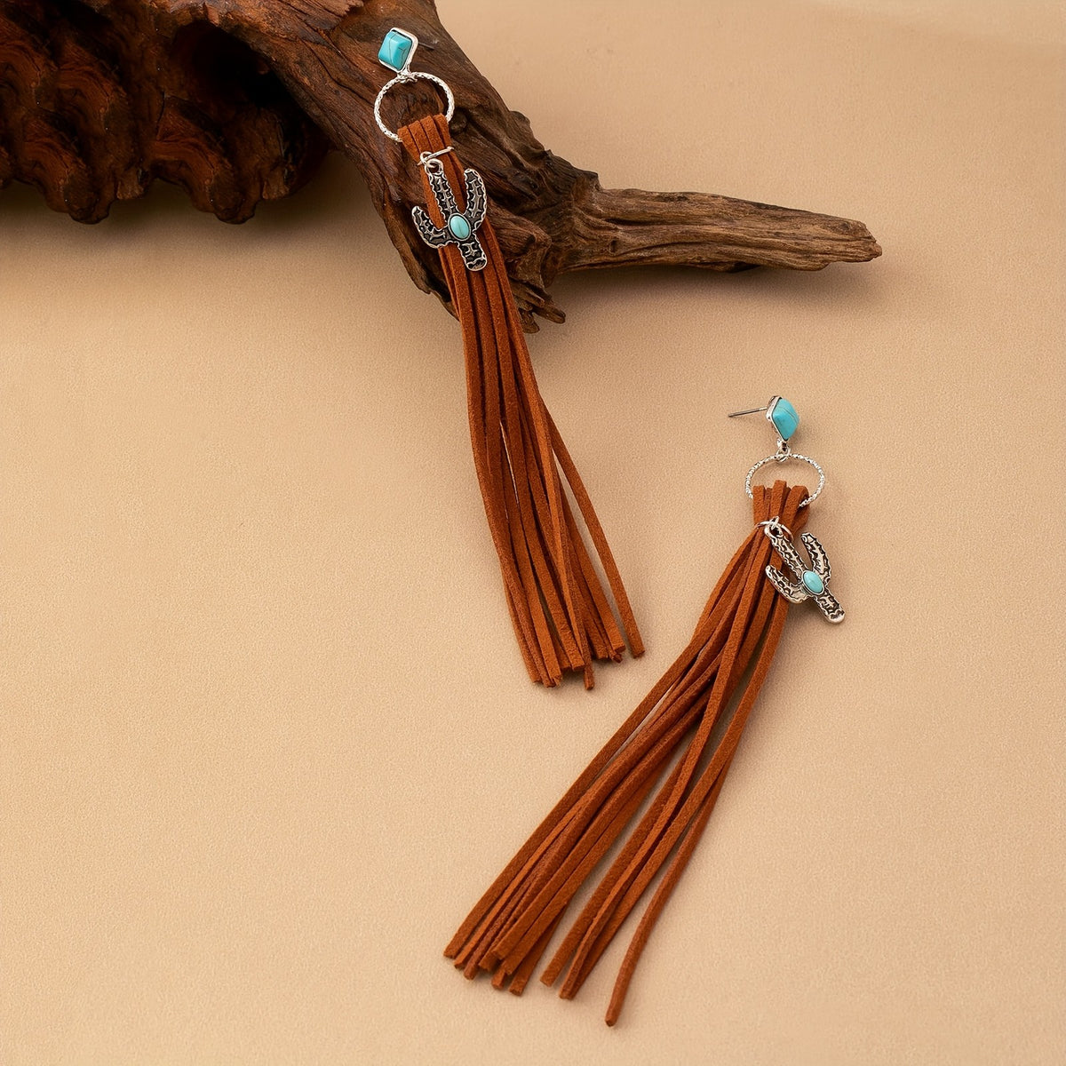 Boho Turquoise Cactus Tassel Earrings