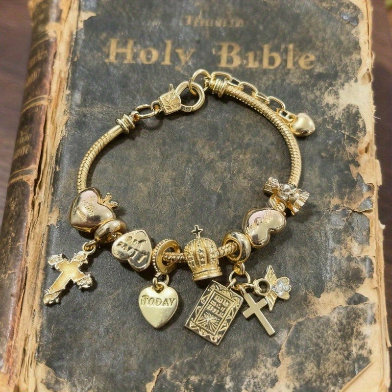 Boho Religious Cross & Crown Charm Bracelet